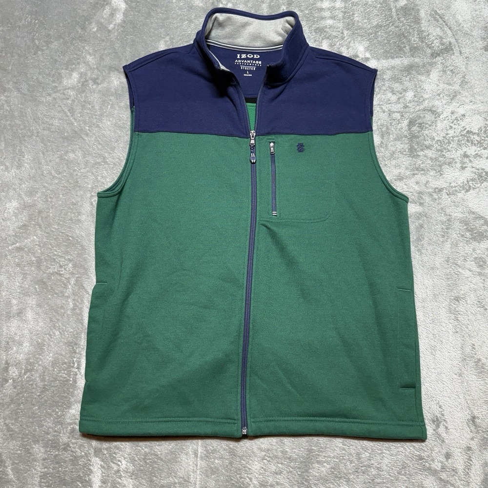IZOD Advantage Performance Stretch Fleece Vest Mens Large Green Navy